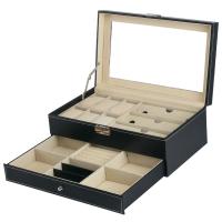 Boîte de montre en bois, avec cuir PU & velours de coton & verre & alliage de zinc, rectangle, pour femme, noire Vendu par PC