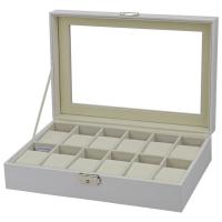 Boîte de montre en cuir, cuir PU, avec MDF & velours de coton & verre & alliage de zinc, rectangle, blanc Vendu par PC