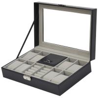 Boîte de montre en cuir, cuir PU, avec velours de coton & verre & alliage de zinc, rectangle, noire Vendu par PC