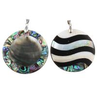 Abalone Shell Pendants, Abalone Shell Paper, with Black Shell & White Shell & Resin & Brass, Flat Round, platinum color plated Approx 