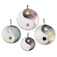 Abalone Shell Pendants, Abalone Shell Paper, with Black Shell & White Shell & Brass, Flat Round, platinum color plated 