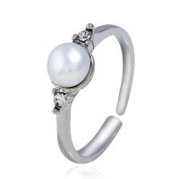 Plastic Pearl Zinc Alloy Finger Ring, platinum color plated, for woman & with plastic pearl & with rhinestone 