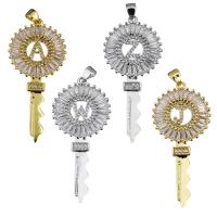 Brass Key Pendants, plated & with letter pattern & micro pave cubic zirconia Approx 