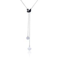Cubic Zirconia Micro Pave Sterling Silver Pendant, Brass, Swan, silver color plated, micro pave cubic zirconia & for woman, black 