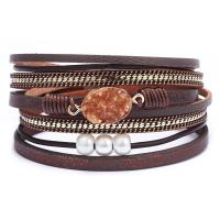 Faux Leather Bracelet, with ABS Plastic Pearl & Gemstone & Zinc Alloy, plated, for woman & multi-strand 