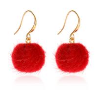 Fluffy Pom Pom Earrings, Brass, Round, gold color plated, for woman & flocky 30*15mm 