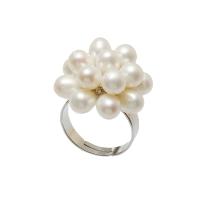 Brass Open Finger Ring, with Freshwater Pearl, Flower, platinum color plated, adjustable & for woman 4-5mm,18-19mm, US Ring 