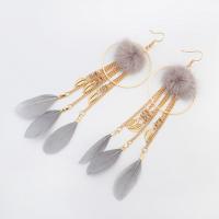 Fashion Feather Earring , Zinc Alloy, Tassel, gold color plated, for woman & flocky 140*48mm 