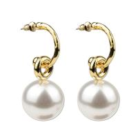 Glass Pearl Drop Earring, Zinc Alloy, with Glass Pearl, zinc alloy post pin, gold color plated, for woman 