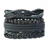 PU Leather Bracelet, with Kraft & Wood, zinc alloy snap clasp, vintage & for man & multi-strand, black Approx 6 Inch 