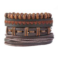 Linen Bracelet, with Faux Leather & Wood, zinc alloy snap clasp, Unisex, brown Approx 6 Inch 