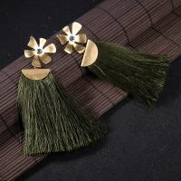Zinc Alloy Tassel Earring, with Cotton Thread, for woman & with rhinestone, green, 115mm 