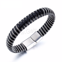 PU Leather Bracelet, with Stainless Steel, for man, black, 12mm Inch 