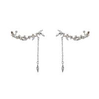 Cubic Zircon Brass Earring, Branch, silver color plated & with cubic zirconia, 31*45mm 