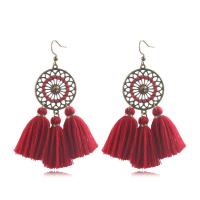 Zinc Alloy Tassel Earring, with Cotton Thread, brass earring hook, antique bronze color plated, for woman 