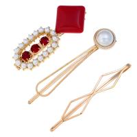 Hair Slide, Zinc Alloy, with ABS Plastic Pearl & Acrylic, gold color plated, for woman & with rhinestone 70mm 