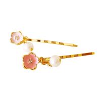 Hair Slide, Zinc Alloy, with Plastic Pearl, Oriental Cherry, gold color plated, for woman & enamel, Random Color, 55*15mm 
