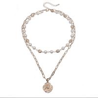 Glass Pearl Brass Chain Necklace, with Glass Pearl & Zinc Alloy, with 1.96lnch extender chain, Flat Round, plated, Double Layer & rectangle chain & for woman 20mm Approx 19.3 Inch 