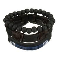 Leather Bracelet Set, with Waxed Cotton Cord & Wood, Unisex, black, 8-15mm Approx 7-10 Inch 