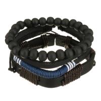 Leather Bracelet Set, with Waxed Cotton Cord & Wood, Unisex, black, 8-15mm Approx 7-10 Inch 