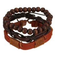 Leather Bracelet Set, with Waxed Cotton Cord & Wood, Unisex, brown, 8-15mm Approx 7-10 Inch 