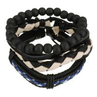 Leather Bracelet Set, with Waxed Cotton Cord & Wood, Unisex, black, 8-18mm Approx 7-10 Inch 