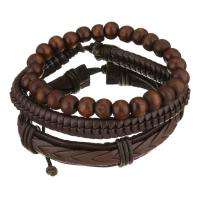 Leather Bracelet Set, with Waxed Cotton Cord & Wood, Unisex, brown, 8-15mm Approx 7-10 Inch 