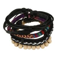 Leather Bracelet Set, with Waxed Cotton Cord & Wood, Unisex, black, 6-16mm Approx 7-10 Inch 