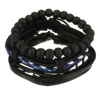 Leather Bracelet Set, with Waxed Cotton Cord & Wood, Unisex, black, 8-18mm Approx 7-10 Inch 