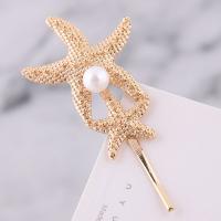 Hair Slide, Zinc Alloy, with Plastic Pearl, Starfish, gold color plated, for woman, white, 66*30mm 