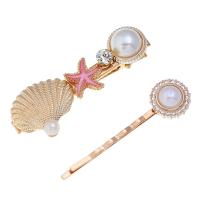 Hair Slide, Zinc Alloy, with Resin & Plastic Pearl, gold color plated, 2 pieces & for woman & enamel & with rhinestone nickel, lead & cadmium free, 60*23mm,58mm 