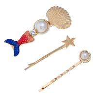 Hair Slide, Zinc Alloy, with Resin & Plastic Pearl, gold color plated, three pieces & for woman & with rhinestone nickel, lead & cadmium free, 64*26mm,54mm,57mm 