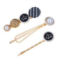 Hair Slide, Zinc Alloy, with Cloth & Plastic Pearl, gold color plated, three pieces & for woman & enamel & with rhinestone, nickel, lead & cadmium free, 60mm,74mmuff0c61mm 