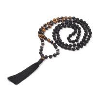 Obsidian Sweater Necklace, with Cotton Thread & Tiger Eye, Tassel, Unisex Approx 41.3 Inch 