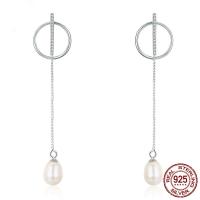 925 Sterling Silver Drop Earring, with Freshwater Pearl, Round, platinum plated, micro pave cubic zirconia & for woman  