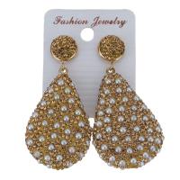 Rhinestone Clay Pave Drop Earring, with rubber earnut & Glass Pearl, Teardrop, for woman, gold, 60mm 