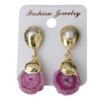 Zinc Alloy Drop Earring, with rubber earnut & Gemstone, gold color plated, druzy style & for woman 40mm 
