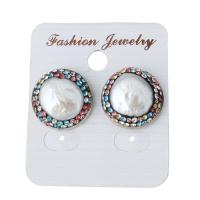 Rhinestone Clay Pave Stud Earring, with rubber earnut & Freshwater Pearl, for woman 