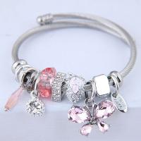 Zinc Alloy Cuff Bangle, with Tiger Tail Wire & Acrylic, silver color plated, for woman & with rhinestone, 55mm 