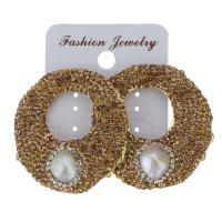 Rhinestone Clay Pave Stud Earring, with rubber earnut & Freshwater Pearl, for woman, gold 