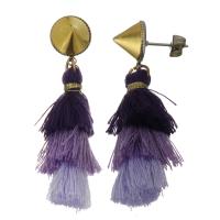 Stainless Steel Tassel Earring, with Cotton Thread, gold color plated, for woman, purple 