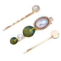 Hair Slide, Zinc Alloy, with Plastic Pearl, gold color plated, three pieces & with rhinestone 58mm,63mm,53mm 