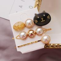Hair Slide, Zinc Alloy, with Resin & Plastic Pearl, gold color plated, three pieces & with rhinestone, 60mm 