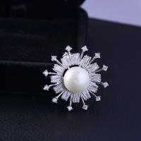 Messing Brosche, mit Kunststoff Perlen, Blume, silberfarben plattiert, Micro pave Zirkonia & für Frau, 30*30mm, verkauft von Paar