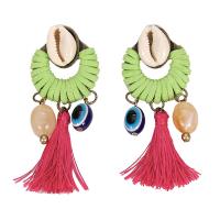 Zinc Alloy Tassel Earring, with Cotton Thread & Shell, plated, fashion jewelry & evil eye pattern & for woman, green 