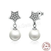 925 Sterling Silver Drop Earring, with Shell Pearl, Star, oxidation, micro pave cubic zirconia & for woman, silver color  20mm 