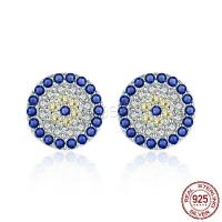 925 Sterling Silver Stud Earring, Round, platinum plated, micro pave cubic zirconia & for woman 