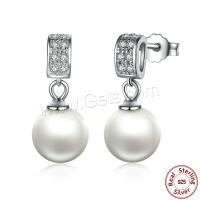 925 Sterling Silver Drop Earring, with Shell Pearl, oxidation, micro pave cubic zirconia & for woman, silver color 17mm 