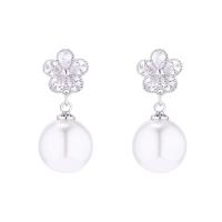 Cubic Zirconia Micro Pave Brass Earring, with Plastic Pearl, Flower, plated, micro pave cubic zirconia & for woman 26*12mm 