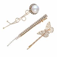 Hair Slide, Zinc Alloy, with Plastic Pearl, plated, three pieces & fashion jewelry & for woman & with rhinestone, golden, 72mm*18mm,60mm*5mm,65mm*18mm 